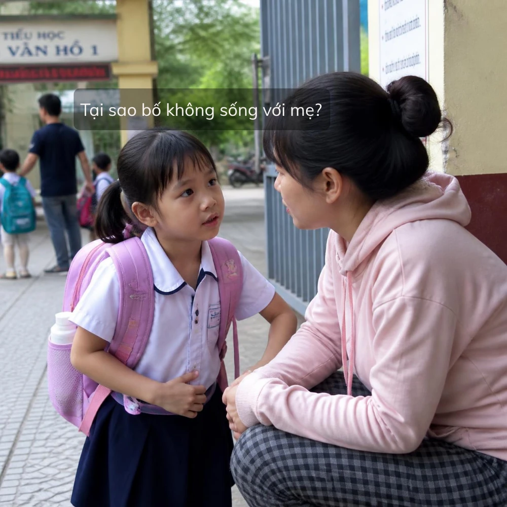 Bé tiểu học đặt câu hỏi về bố khi thấy bạn bè có bố đưa đón. (Ảnh được tạo bởi AI)