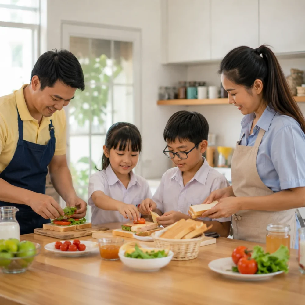 Bữa sáng cho học sinh trở nên dễ dàng hơn khi cả gia đình cùng tham gia chuẩn bị. (Ảnh được tạo bởi AI)