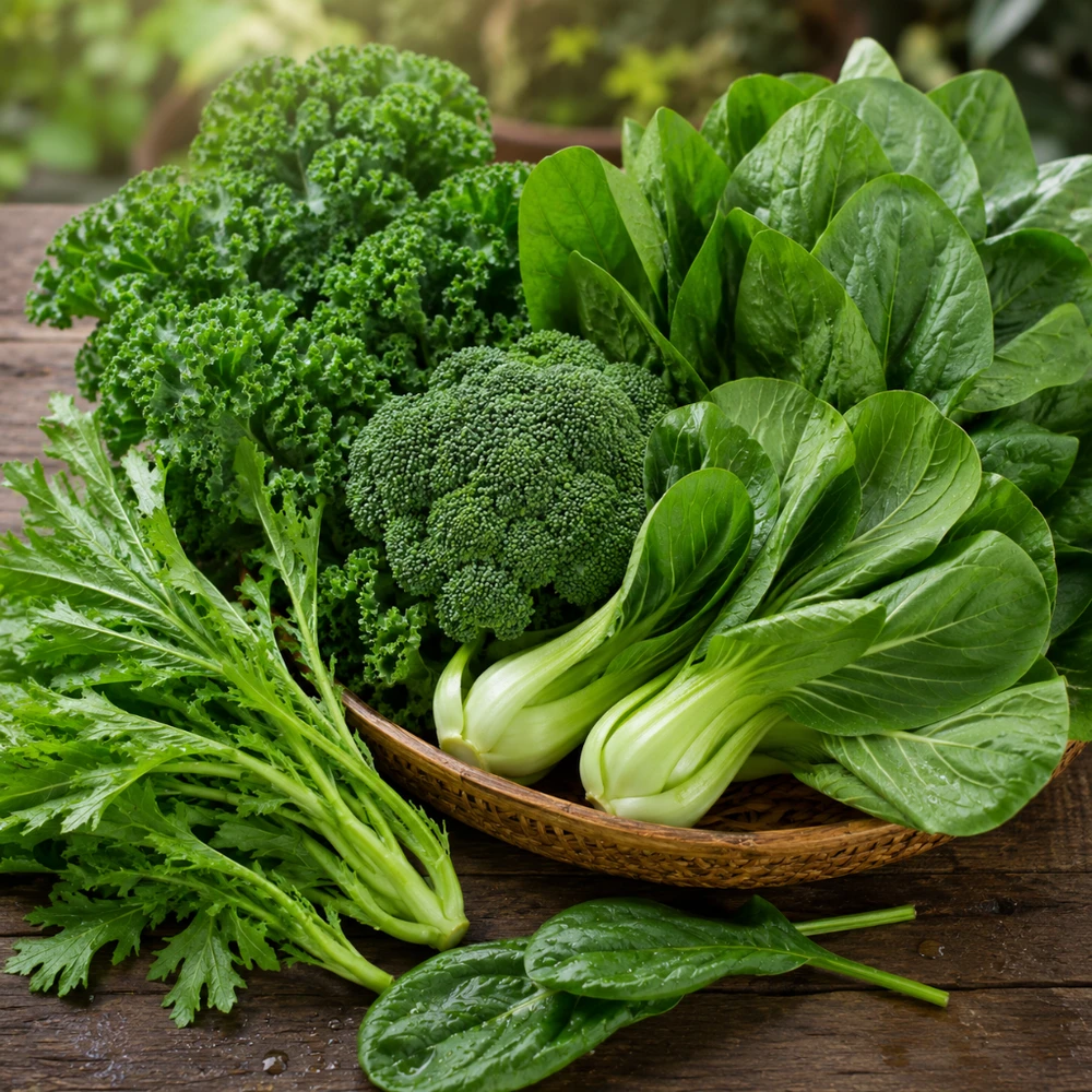 Rau lá xanh đậm giàu vitamin K, folate hỗ trợ tăng tiểu cầu. (Ảnh được tạo bởi AI)
