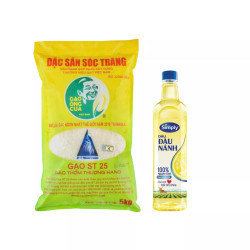 Combo gạo ST25 đặc sản Sóc Trắng túi 5kg và dầu đậu nành Simply 1L