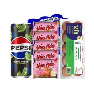 Combo tiết kiệm: 5 gói Mì Hảo Hảo, hộp 10 trứng và lốc nước ngọt vị chanh zero calo Pepsi