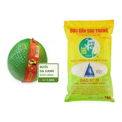 Combo Bưởi da xanh loại 1 Mekostar quả 1.7Kg + Gạo ST25 đặc sản Sóc Trăng Ông Cua túi 5kg