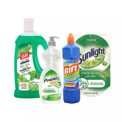Combo tổng vệ sinh: Nước rửa chén Power100 750ml, nước lau sàn Gift 1L, nước rửa chén Sunlight 720g, nước tẩy rửa nhà tắm Gift 900ml