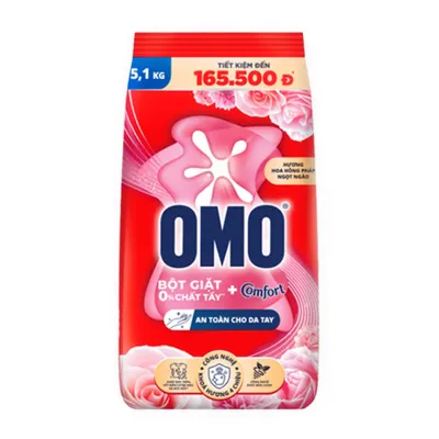 Bột giặt cf hương hoa hồng dịu mát bền lâu Omo gói 5.1kg