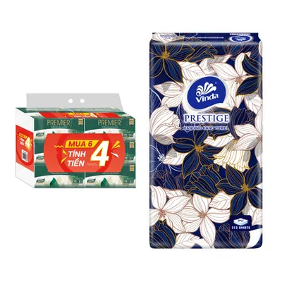 Combo Lốc 4 gói khăn giấy lụa cao cấp Premier 100 tờ 3 lớp + Khăn giấy treo tường Vinda cao cấp 3 lớp gói 212 tờ