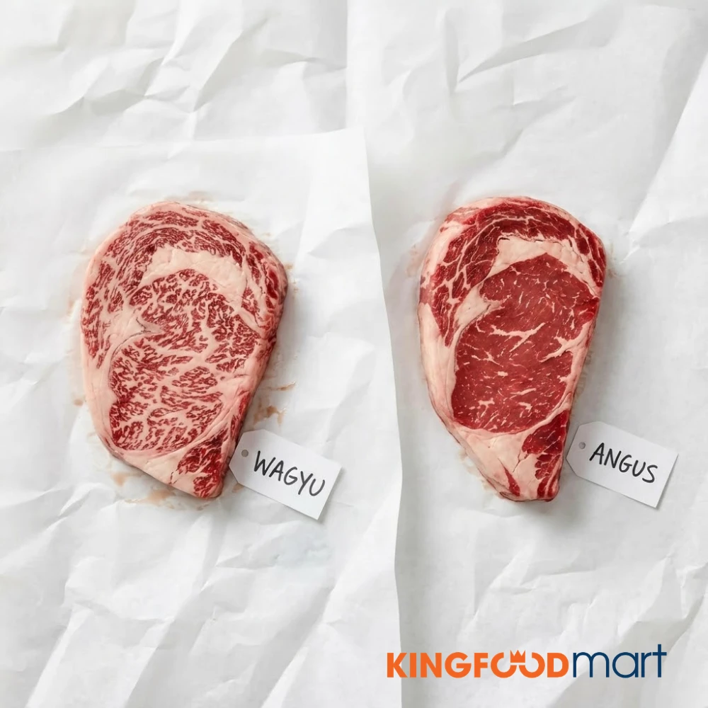 So sánh bò Wagyu và Angus trực quan qua lớp vân mỡ và màu thịt rõ ràng khác biệt.
