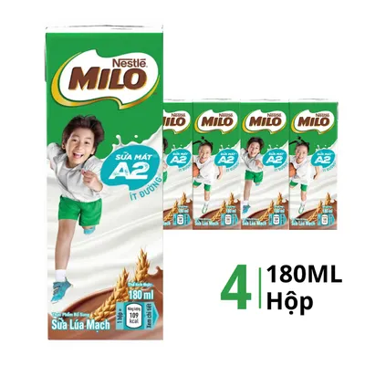 Lốc 4 hộp sữa lúa mạch Milo A2 ít đường 180ml