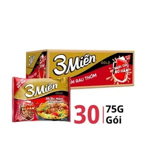 Thùng 30 gói mì bò hầm rau thơm Gold 3 Miền 75g