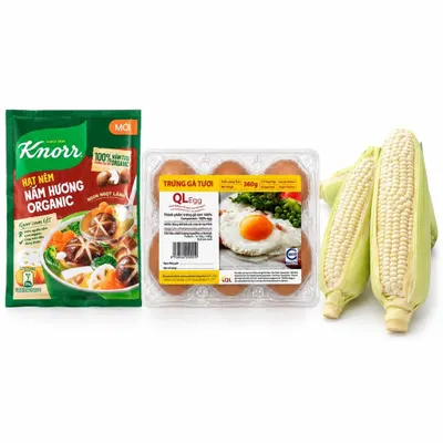 Combo Hạt nêm nấm hương organic Knorr gói 800g + Trứng gà tươi QL size 60g hộp 6 quả + Bắp nếp cặp 2 trái