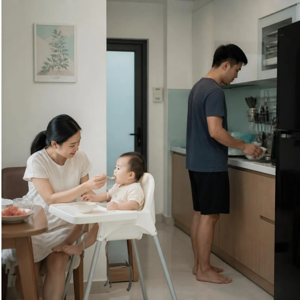 Sự đồng hành của người bạn đời giúp mẹ giảm cảm giác phải một mình gánh vác việc chăm sóc gia đình. (Ảnh được tạo bởi AI)