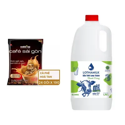 Combo Cà phê sữa Café Sài Gòn Wake Up gói 456g + Sữa thanh trùng có đường Lothamilk chai 1760ml