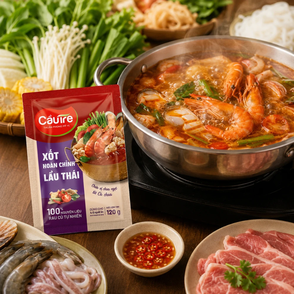 Xốt lẩu hoàn chỉnh Cầu Tre đạt Tick Xanh chỉ đổ vào nước sôi là có nồi lẩu chuẩn vị, không cần thêm gia vị.