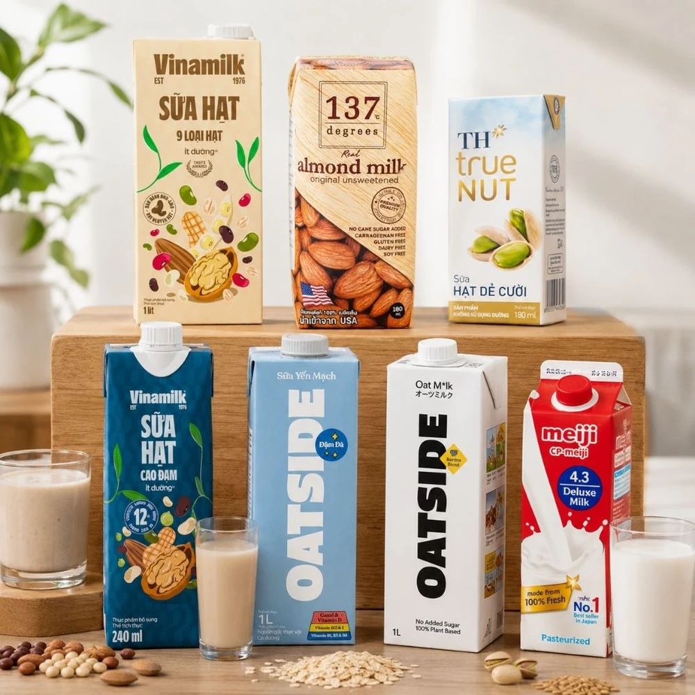 Sữa hạt thay thế sữa bò cho học sinh dị ứng hoặc không dung nạp lactose. (Ảnh được tạo bởi AI)