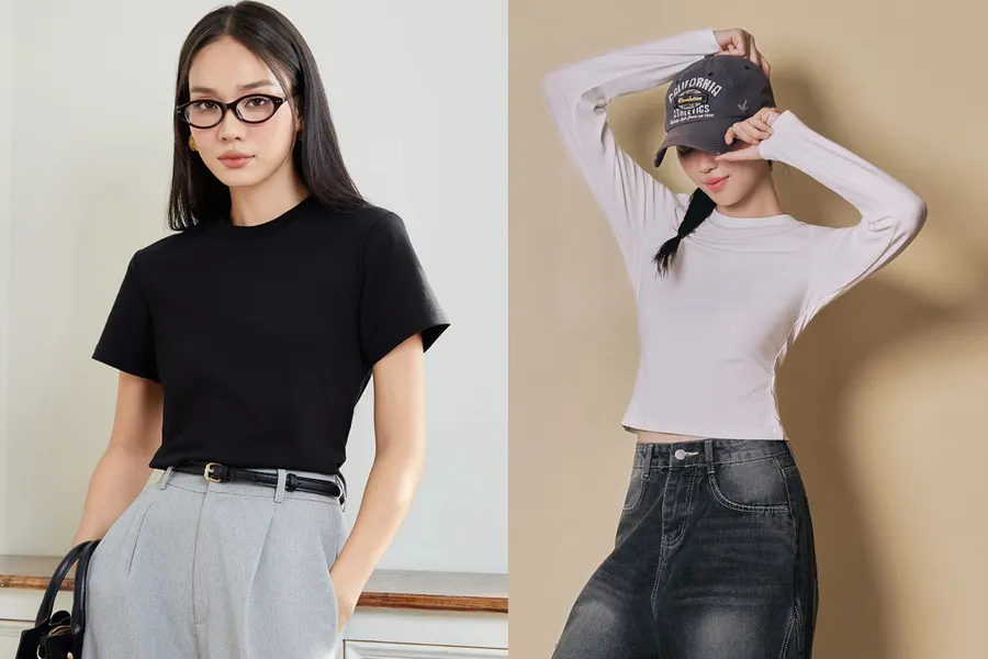So Sánh Hai Mẫu Áo Thun Nữ JUNO: Basic Cổ Tròn Và Slim Fit Tay Dài