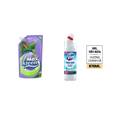 Combo Nước lau sàn ban mai thanh mát Maxkleen + Gel tẩy bồn cầu và nhà tắm trắng sáng mùi dịu nhẹ hương chanh sả VIM