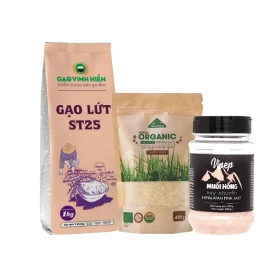 Combo healthy: gạo lứt ST25 1kg, đường organic 400g, muối hồng xay nhuyễn 200g
