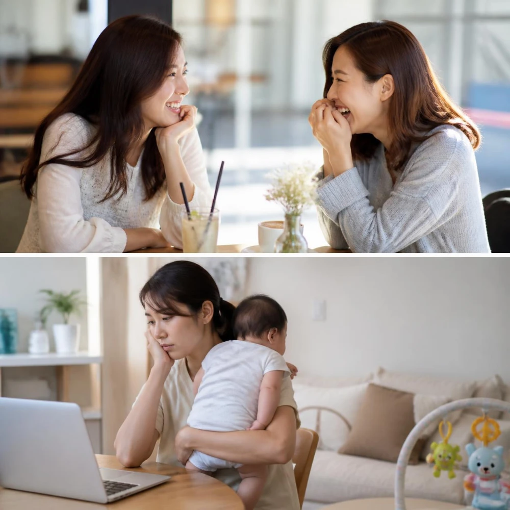 Mẹ bỉm sữa ngồi một mình ngẩn ngơ nhìn bạn bè tụ tập vui vẻ qua internet. (Ảnh được tạo bởi AI)