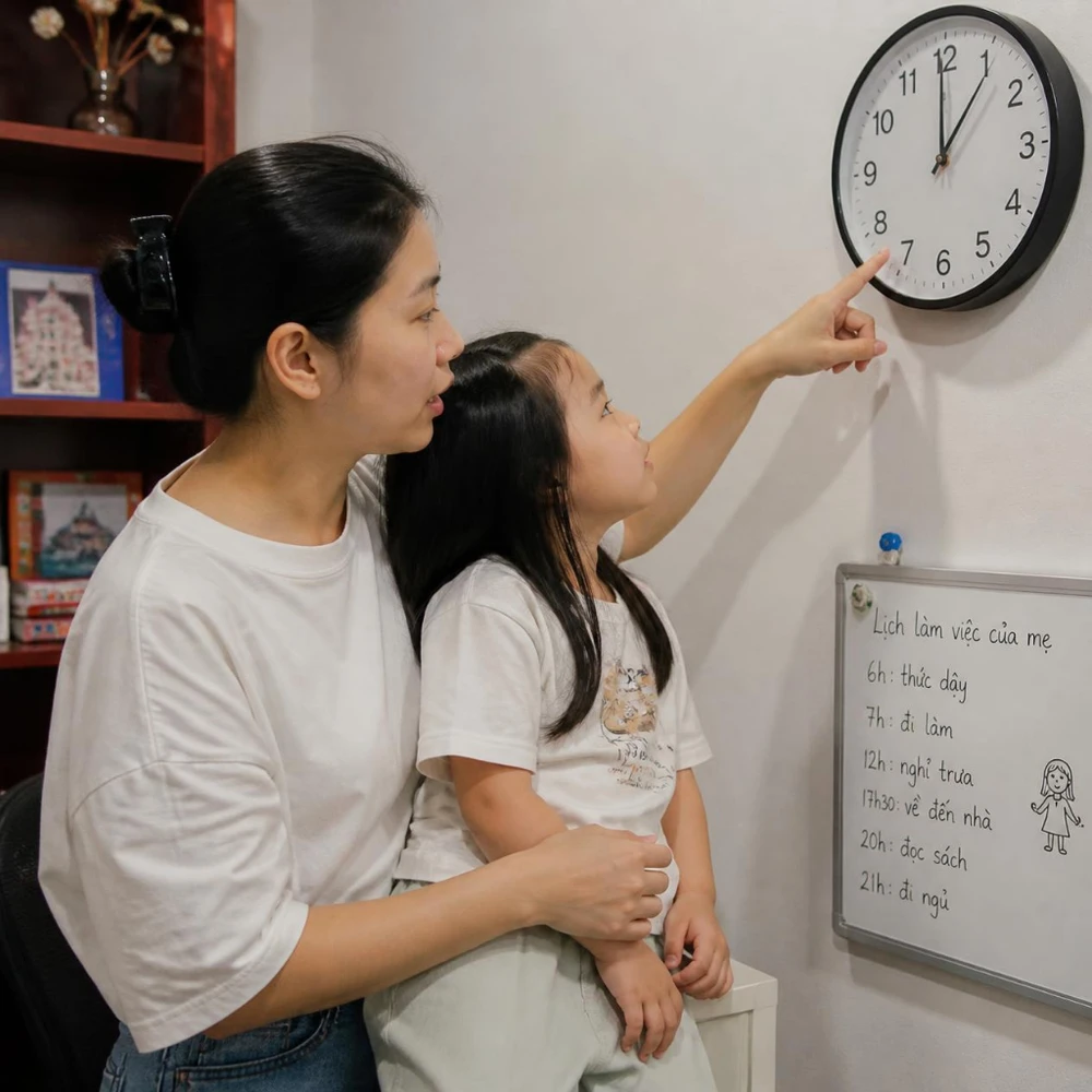 Chia sẻ lịch làm việc với con cái giúp trẻ hiểu và tôn trọng ranh giới, đồng thời dạy con kỹ năng sắp xếp thời gian từ sớm. (Ảnh được tạo bởi AI)