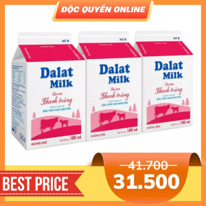 Combo sữa tươi thanh trùng hương dâu Đalat Milk hộp 180ml (3 Hộp)