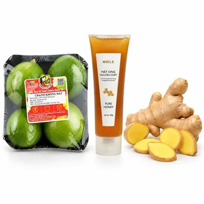 Combo Chanh không hạt Global Gap vỉ 250g + Mật ong nguyên chất Miele tuýp 150g + Củ gừng tươi gói 100g