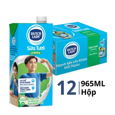 Thùng 12 hộp sữa tiệt trùng Dutch Lady có đường 965ml