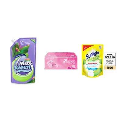 Combo Nước lau sàn ban mai thanh mát + Khăn giấy rút soft pack Bless You 2 + Nước rửa chén Sunlight hương chanh