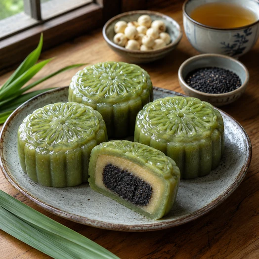 Bánh trung thu lá dứa hấp nhân mè đen bùi béo lạ miệng