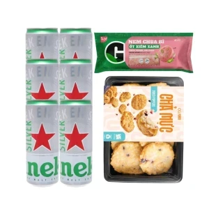 Combo 6 lon bia Heineken Silver 330ml, chả mực 240g và nem chua bì ớt xiêm xanh 180g