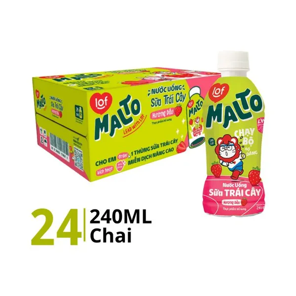 Thùng 24 chai nước uống sữa trái cây Lof Malto vị dâu 240ml