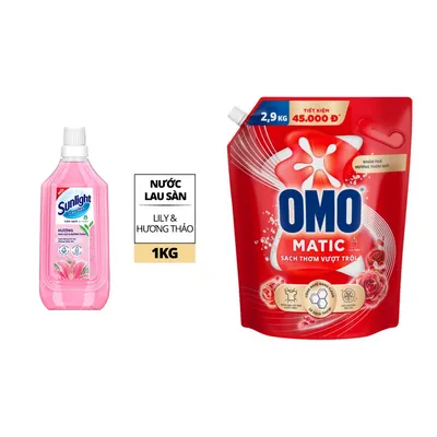 Combo Nước lau sàn tinh dầu thảo mộc hương lily và bạch trà Sunlight + Nước giặt cửa trên sạch thơm vượt trội Omo