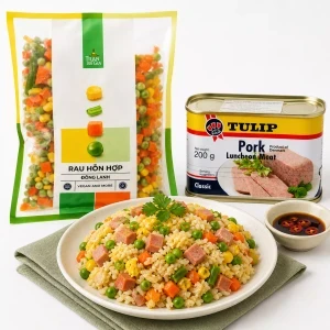 Combo thịt heo hộp pork luncheon Tulip 200g và rau quả hỗn hợp Trần Gia 500g