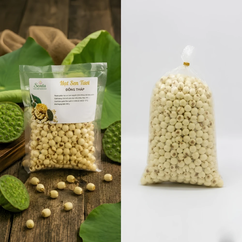 So sánh hạt sen đóng gói tối giản, thân thiện với môi trường của Sen Ta và bao bì nhựa thông thường.