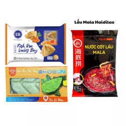Combo Lẩu Mala: Cốt lẩu Haidilao, thả lẩu túi tiền may mắn trứng cá 150g và Chả tôm phỉ thuý 130g