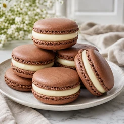 Macaron nhân chocolate trắng mềm thơm với lớp vỏ giòn nhẹ