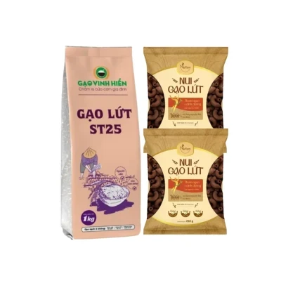 Combo lứt no nê: gạo lứt ST25 1kg và 2 gói nui lứt 210g