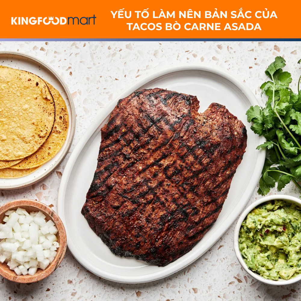 Bản sắc tacos Carne Asada thịt bò xém cạnh, tortilla ngô và sốt salsa chua cay tạo nên hương vị đặc trưng ẩm thực đường phố Mexico.