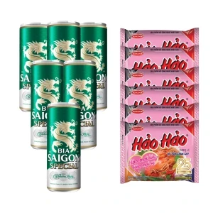 Combo 6 lon bia Saigon Special 330ml và 6 gói mì Hảo Hảo tôm chua cay