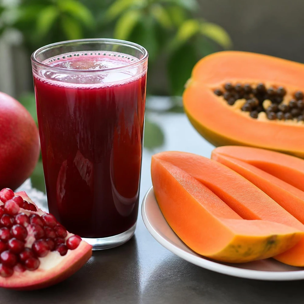 Nước ép lựu và đu đủ hỗ trợ tăng tiểu cầu cho người sốt xuất huyết. (Ảnh được tạo bởi AI)
