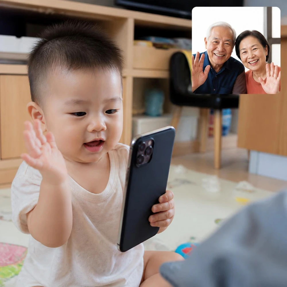 Trẻ nhỏ kết nối tình cảm với ông bà qua những cuộc gọi video. (Ảnh được tạo bởi AI)