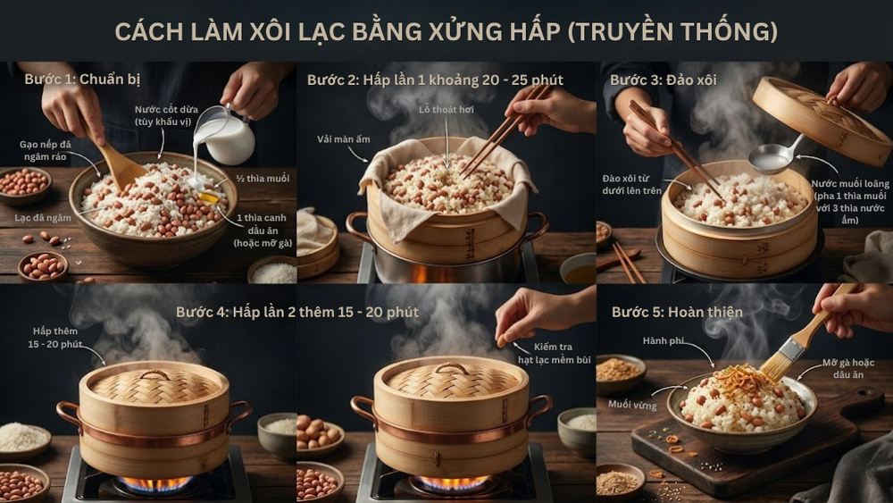 Từng bước cách làm xôi lạc bằng xửng hấp truyền thống để có đĩa xôi lạc dẻo thơm, hạt lạc bùi ngậy hoàn hảo. 