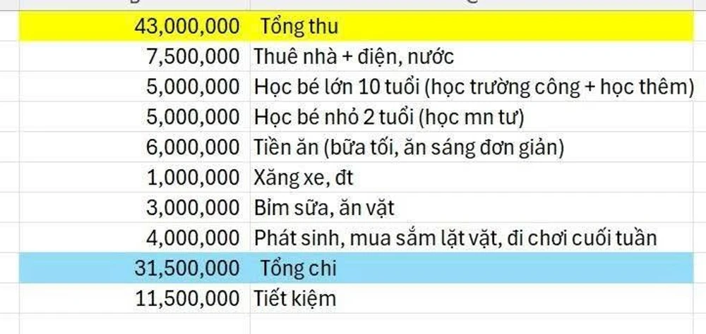 Bảng chi tiêu của 1 mẹ đơn thân nuôi con 10 tuổi và 2 tuổi. (Nguồn: Internet)