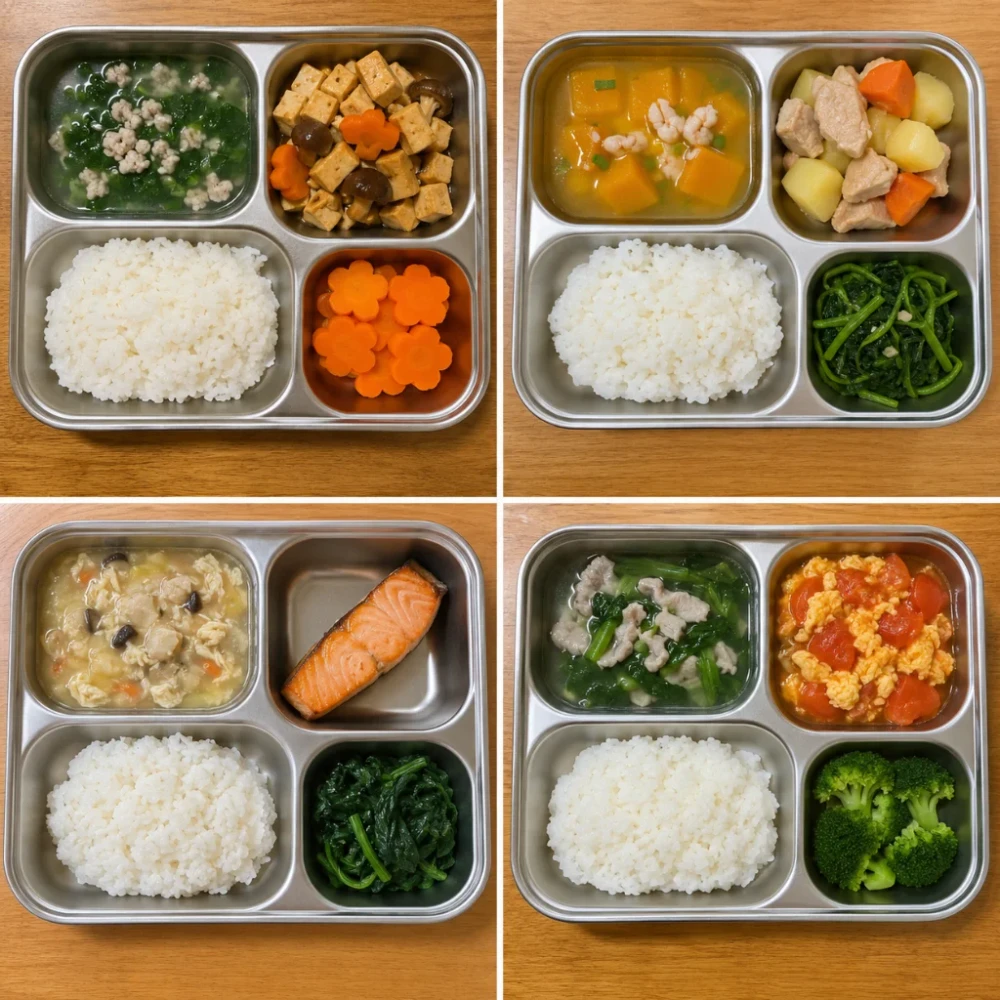 Gợi ý bữa trưa cho bé đi học đủ protein, rau xanh và tinh bột cân bằng. (Ảnh được tạo bởi AI)