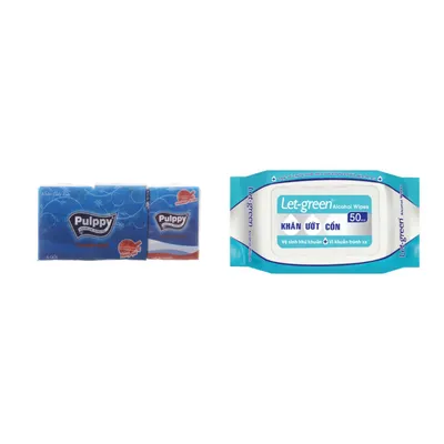 Combo Lốc 6 gói khăn giấy Pulppy bỏ túi hương quế + Khăn ướt cồn 50 miếng Letgreen gói 270g