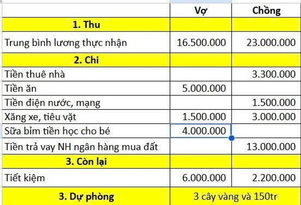Bảng thu chi của gia đình 2 vợ chồng và 1 bé con 1 tuổi đang ở Hà Nội. (Nguồn: Internet)