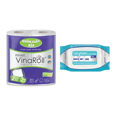 Combo Khăn giấy bếp Vinaroll 2 lớp Premier lốc 2 cuộn (1 Lốc) + Khăn ướt cồn 50 miếng Letgreen gói 270g
