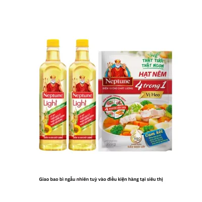 Combo nêm nấu đầy đủ: 2 chai dầu hỗn hợp Neptune Light 1L và hạt nêm vị heo Neptune 850g