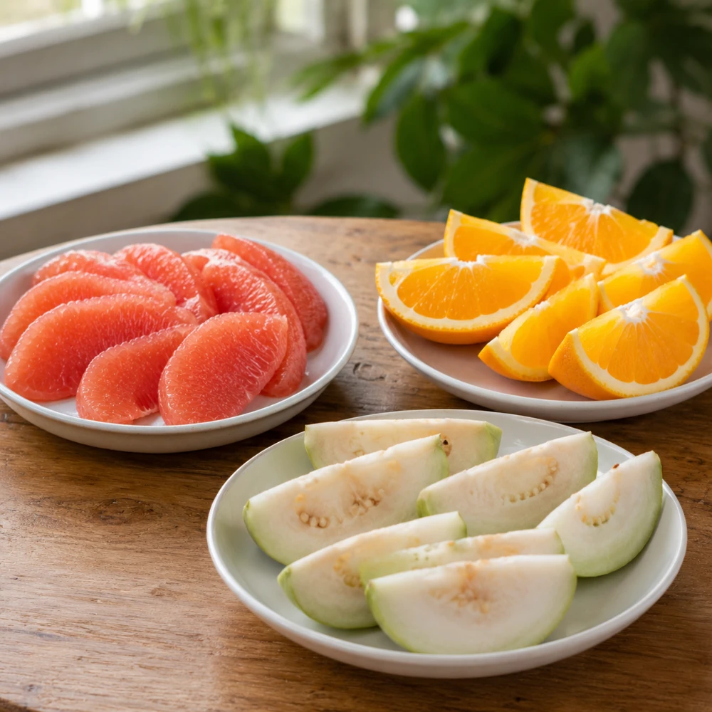 Cam, bưởi và ổi tươi, bộ ba vitamin C cho người sốt xuất huyết. (Ảnh được tạo bởi AI)