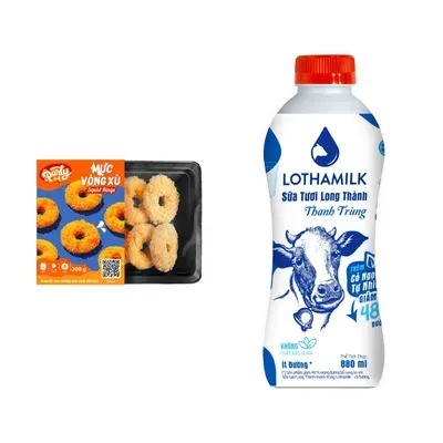 Combo Mực vòng xù Party gói 200g + Sữa thanh trùng ít đường Lothamilk chai 857ml