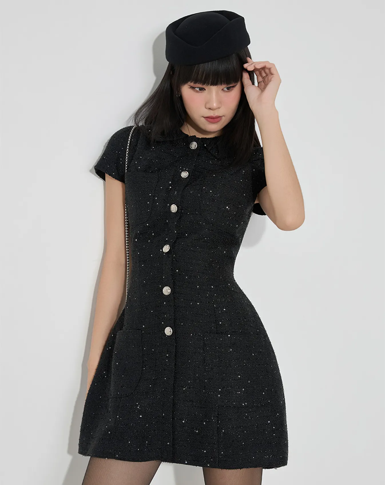 Đầm mini vải tweed phối nút silver - Image 1