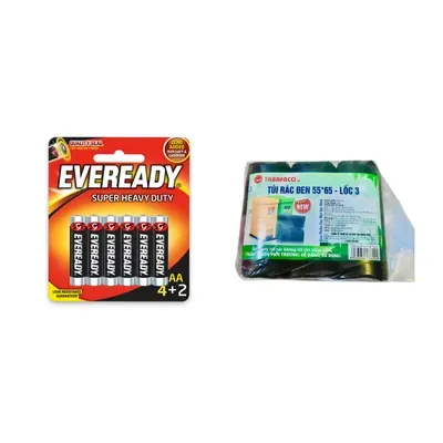 Combo Pin AAA super duty 1212 BP4 Eveready vỉ 6 viên + Lốc 3 túi đựng rác TBP đen size trung 55*65cm 36-39 cái